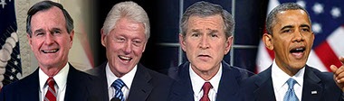 Failed healthcare fixes, photo of cormer Presidents: George H. W. Bush, Bill Clinton, George W. Bush and current president Barrack Obama.